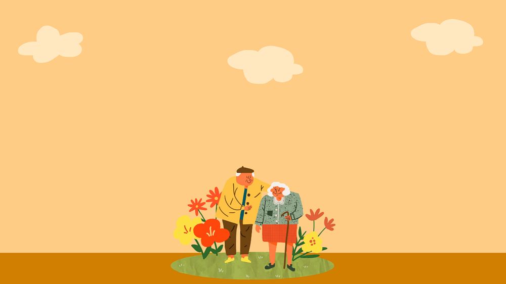 Cute old couple doodle computer wallpaper, editable design