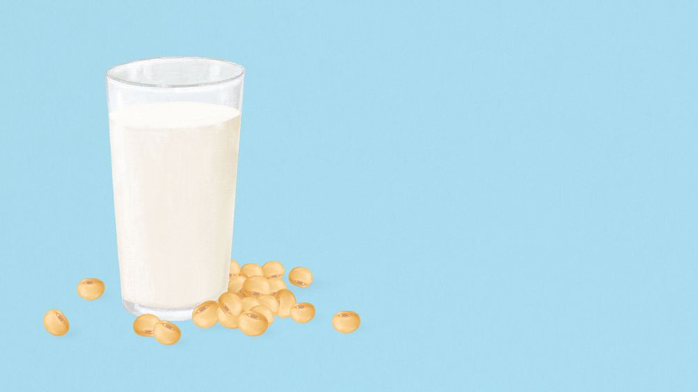 Healthy soy milk desktop wallpaper, blue background, editable design