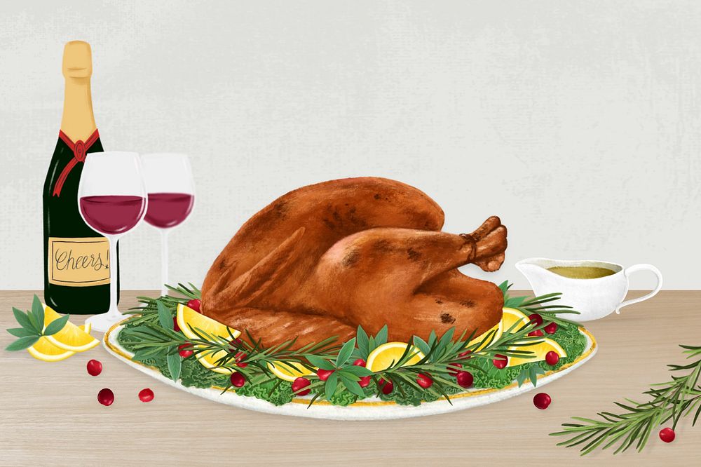 Thanksgiving dinner turkey, Christmas food illustration, editable design