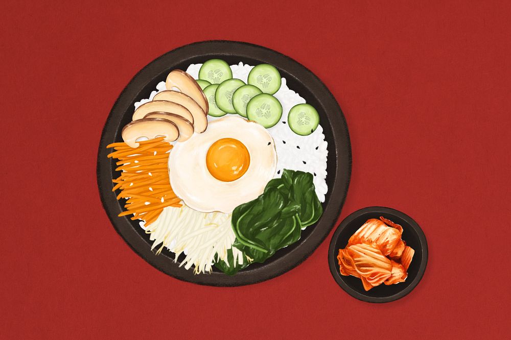 Korean bibimbap, Asian food illustration, editable design