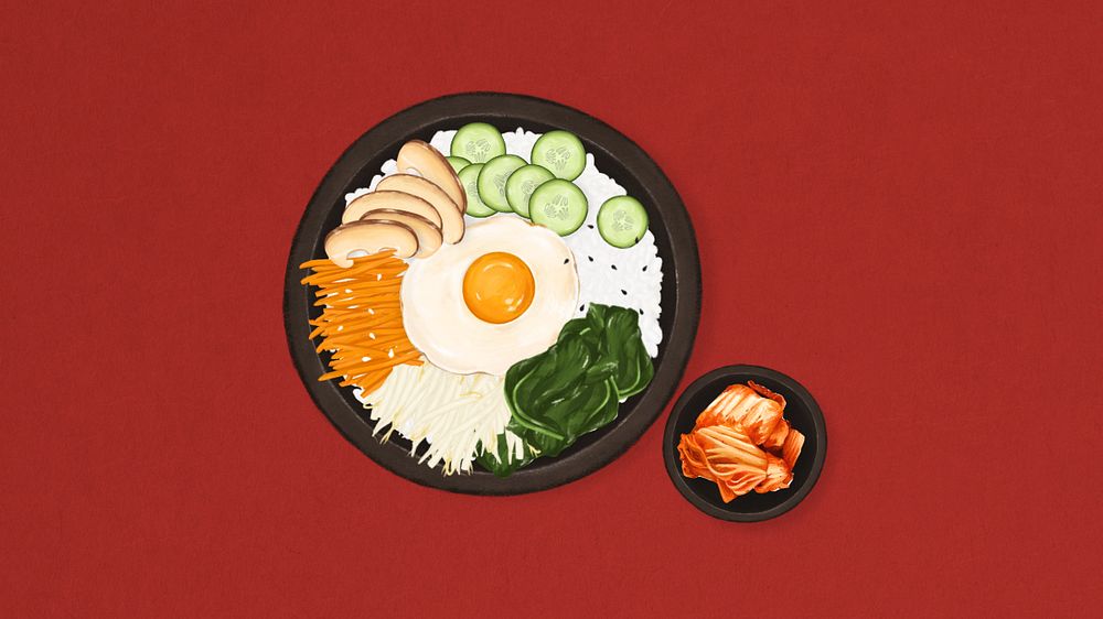 Korean bibimbap food desktop wallpaper, Asian cuisine illustration, editable design