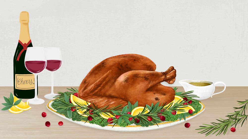 Thanksgiving dinner turkey HD wallpaper, Christmas food illustration, editable design