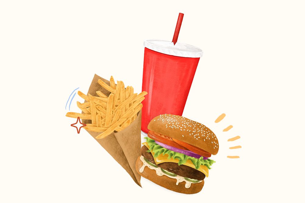 Burger, french fries and soda, fast food illustration, editable design