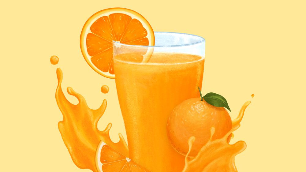 Orange juice splash desktop wallpaper, healthy drink illustration, editable design