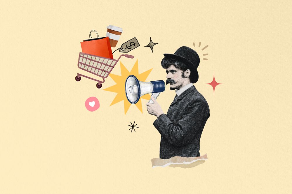 Man holding megaphone, editable shopping announcement. Remixed by rawpixel.