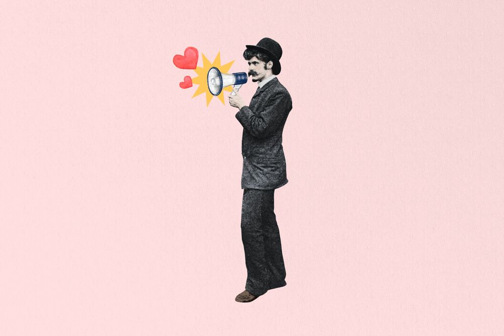 Valentine's celebration, man holding megaphone editable collage . Remixed by rawpixel.