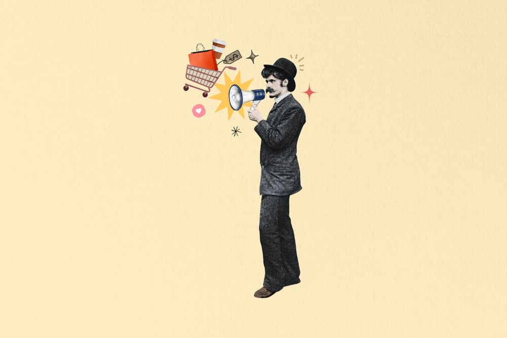 Man holding megaphone, editable shopping announcement. Remixed by rawpixel.