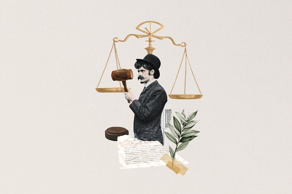 Man holding gavel, editable justice scale. Remixed by rawpixel.