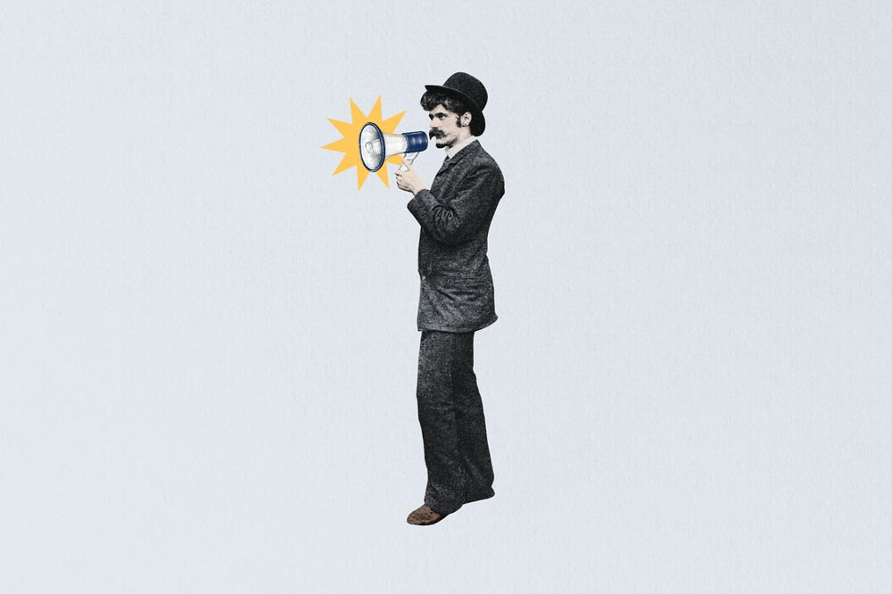 Businessman holding megaphone, editable vintage. Remixed by rawpixel.