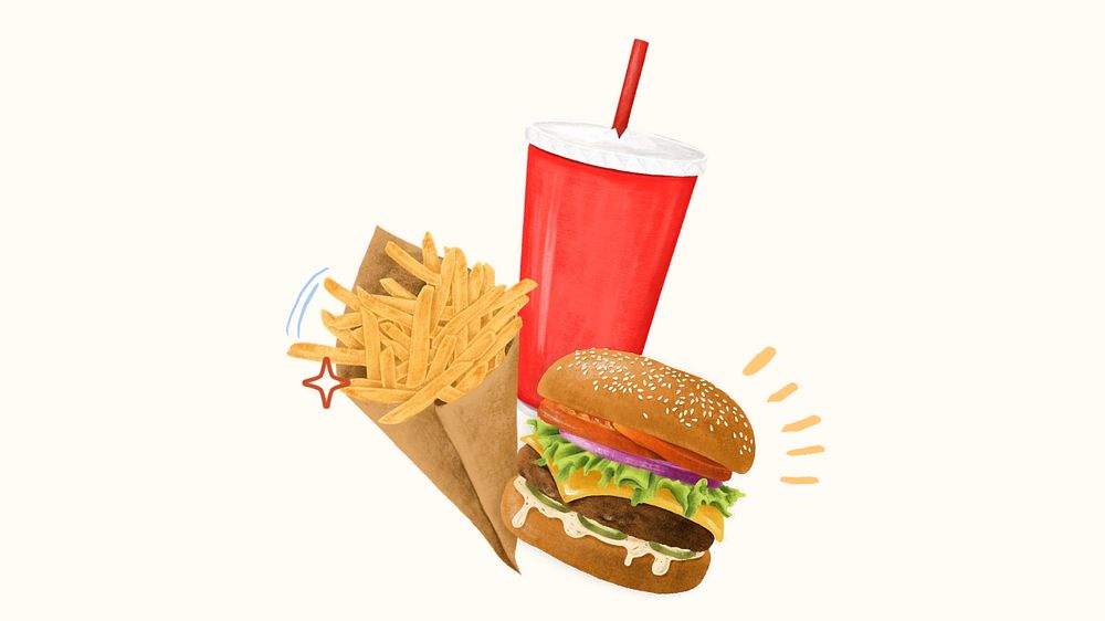 Cheeseburger & fries HD wallpaper, fast food illustration, editable design