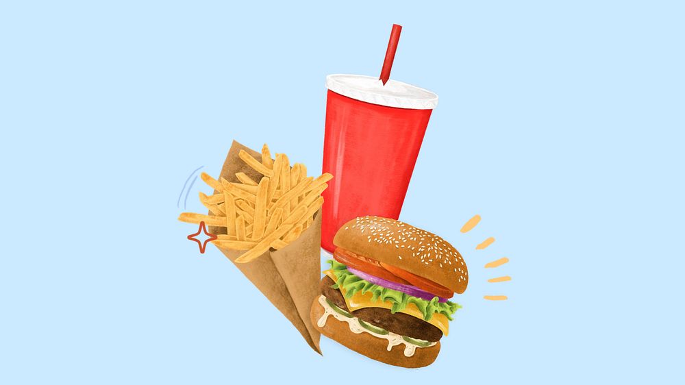 Cheeseburger & fries HD wallpaper, fast food illustration, editable design