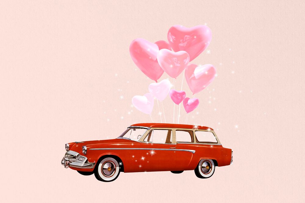 Valentine's celebration car, editable floating heart balloons collage art