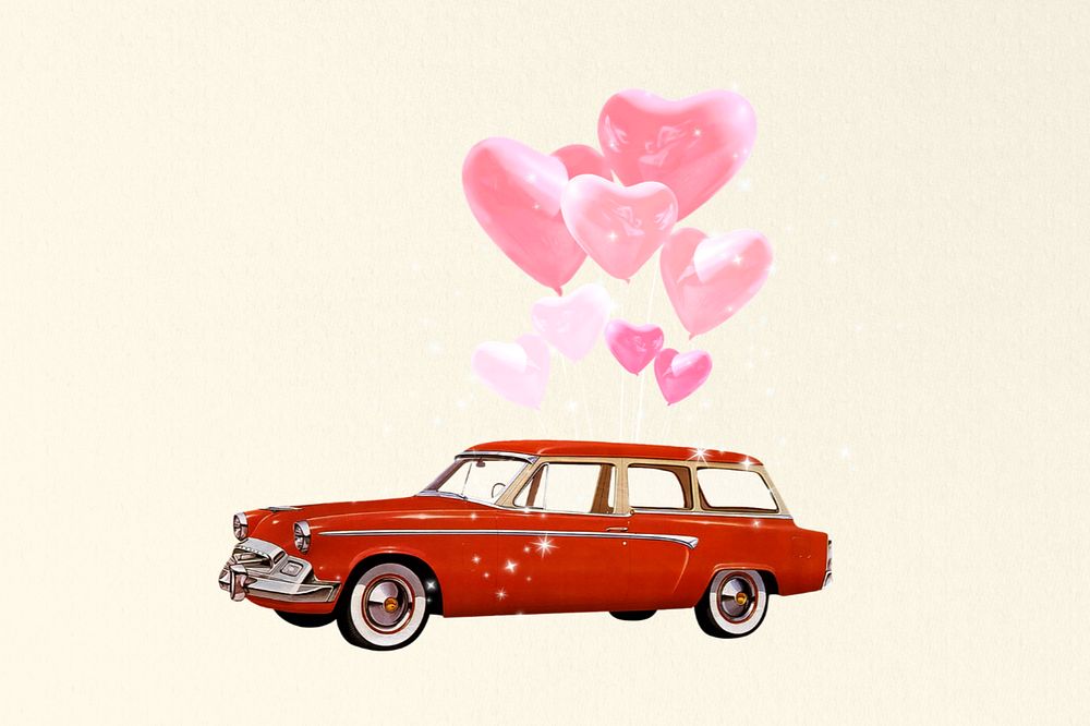 Valentine's celebration car, editable floating heart balloons collage art