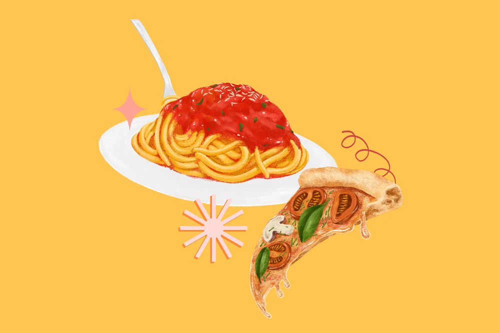 Spaghetti and pizza, Italian food illustration, editable design