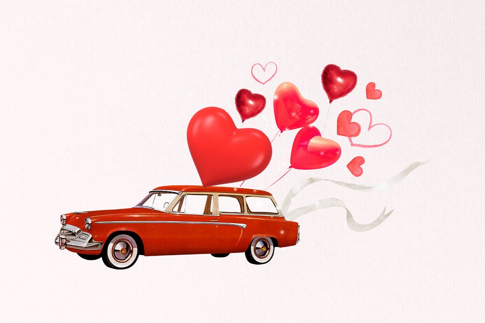 Valentine's celebration car, floating heart balloons editable collage art