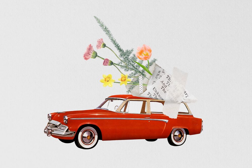 Car carrying flower bouquet, editable aesthetic remix