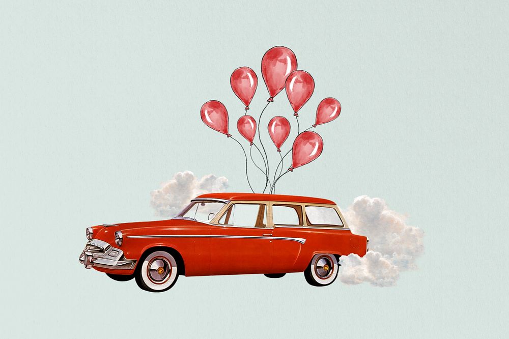 Floating car with balloons, editable celebration graphic