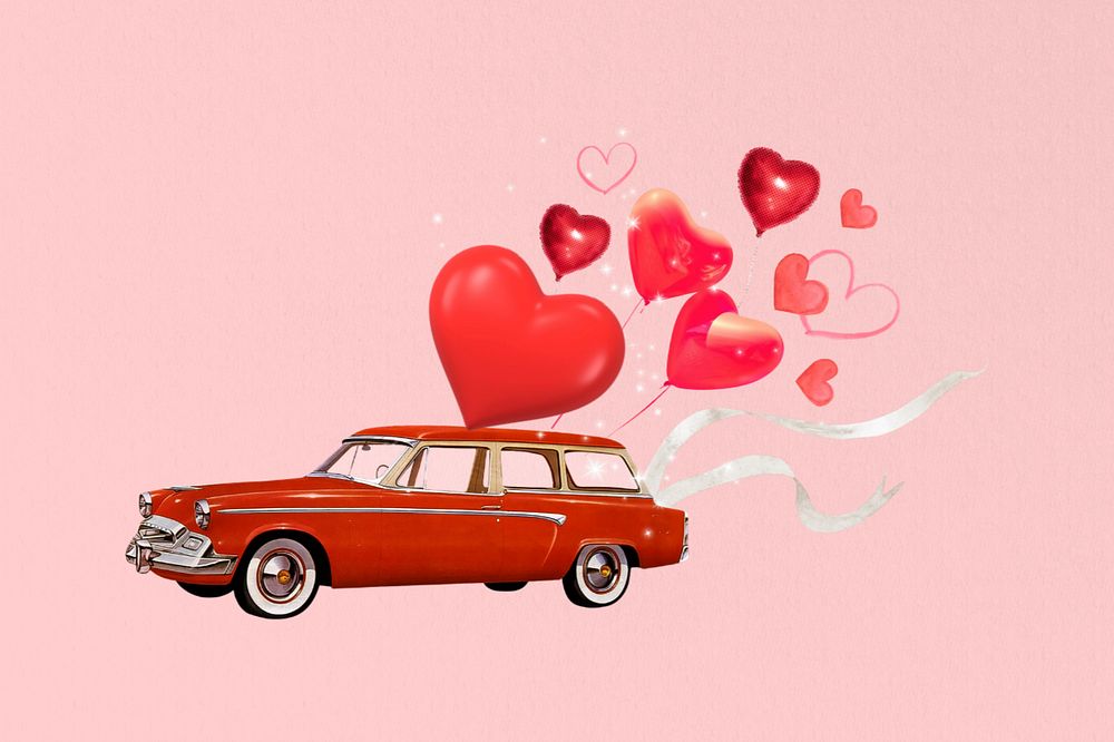 Valentine's celebration car, floating heart balloons editable collage art