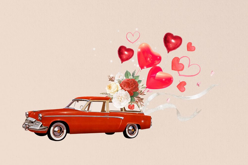 Wedding getaway car, editable heart balloons remix