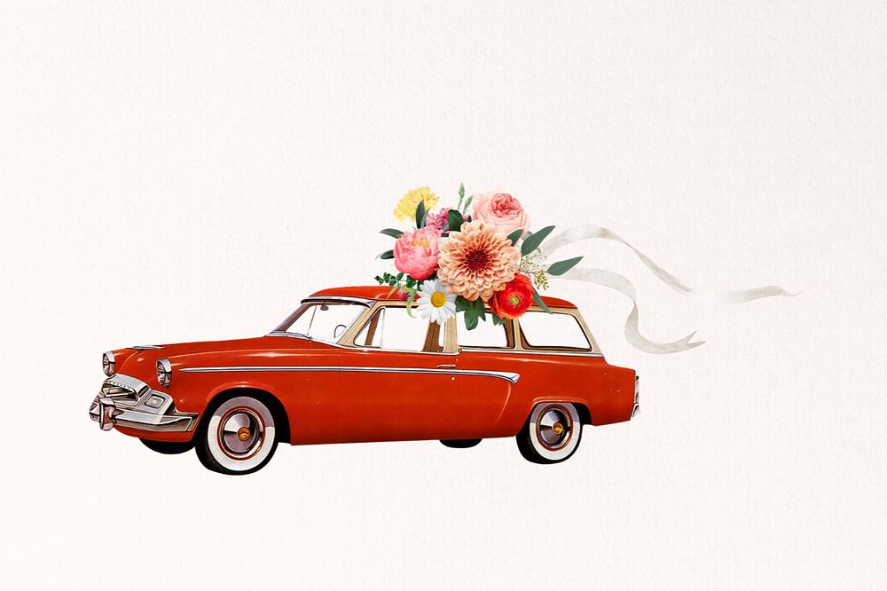 Wedding getaway car, flower bouquet editable remix