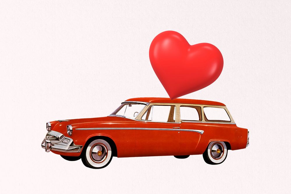 Valentine's celebration car, floating heart balloons editable collage art