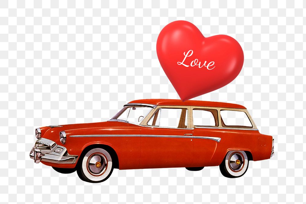 Valentine's celebration car png, floating heart balloons editable collage art