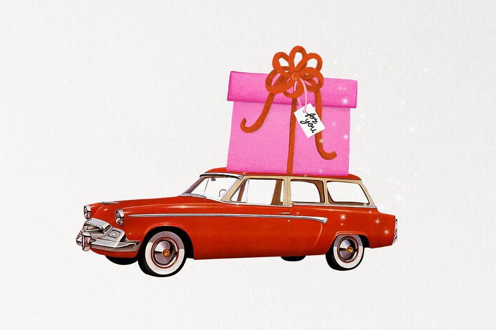 Car carrying gift box, celebration editable graphic