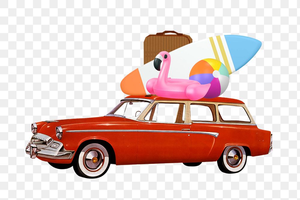 Summer vacation png, car carrying surf board editable collage