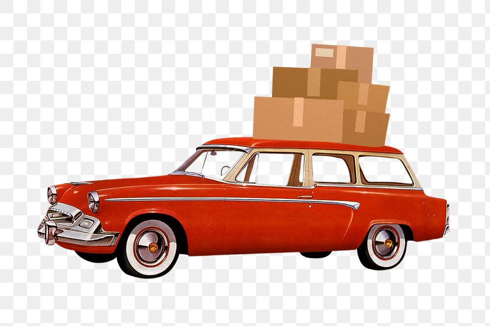 Car carrying moving boxes png, editable vintage remix