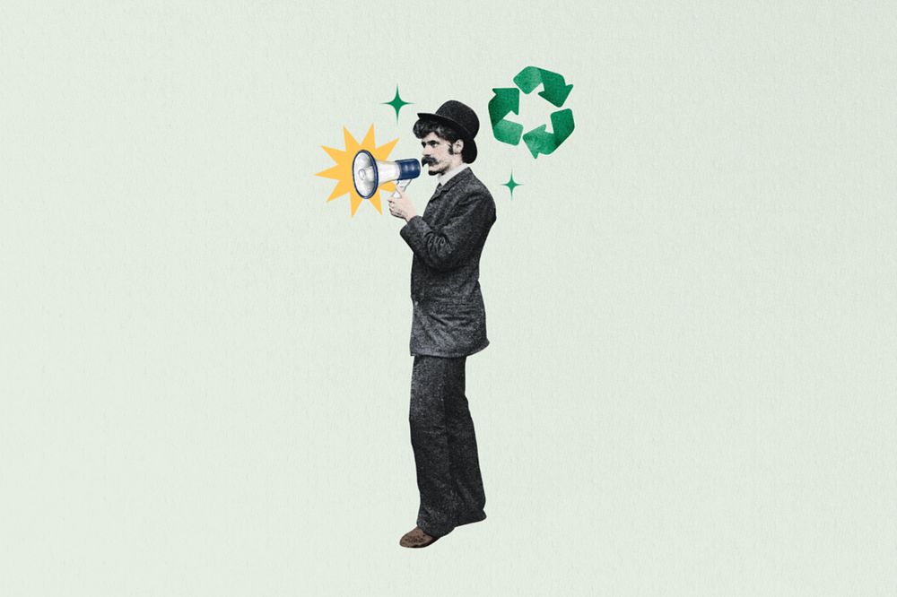 Environmentalist man holding megaphone editable collage art. Remixed by rawpixel.