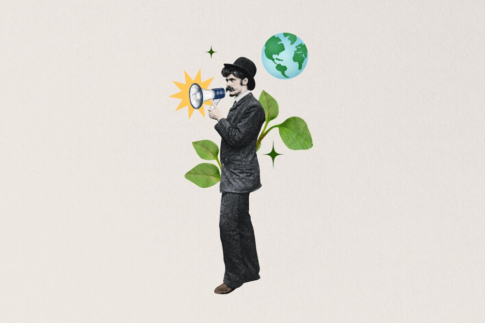 Environmentalist man holding megaphone editable collage art. Remixed by rawpixel.