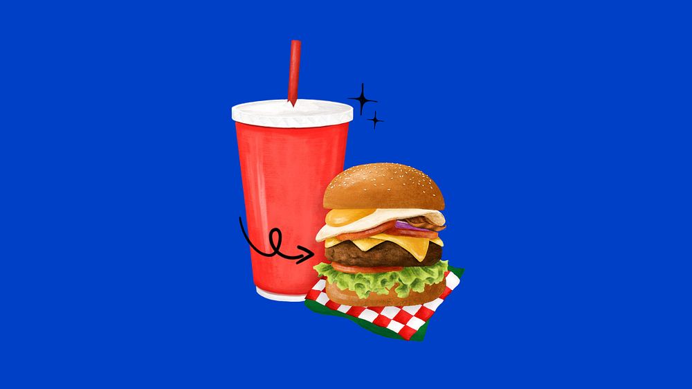 Cheeseburger & soda desktop wallpaper, fast food illustration, editable design