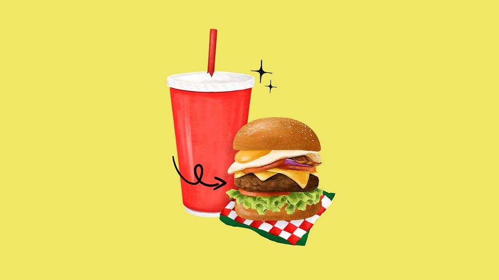 Cheeseburger & soda desktop wallpaper, fast food illustration, editable design