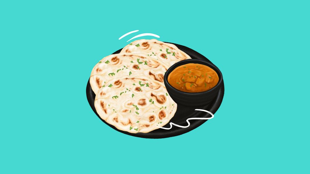 Indian butter chicken desktop wallpaper, naan bread illustration, editable design