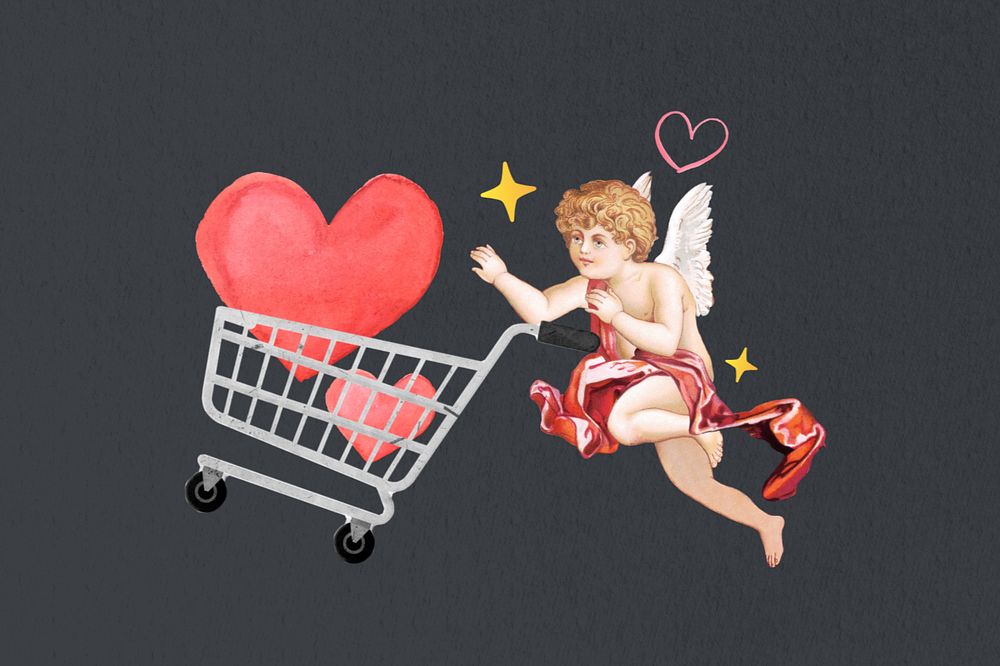 Hearts in shopping cart, cupid, editable design. Remixed by rawpixel.