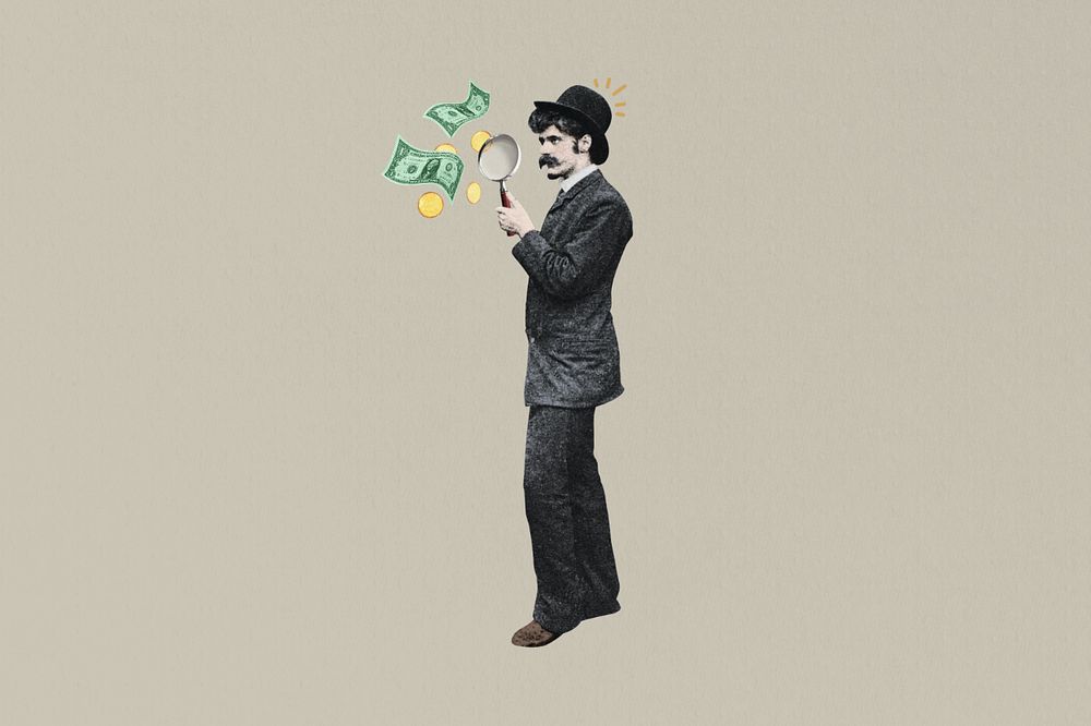 Investor finding, man holding magnifying glass, editable finance. Remixed by rawpixel.