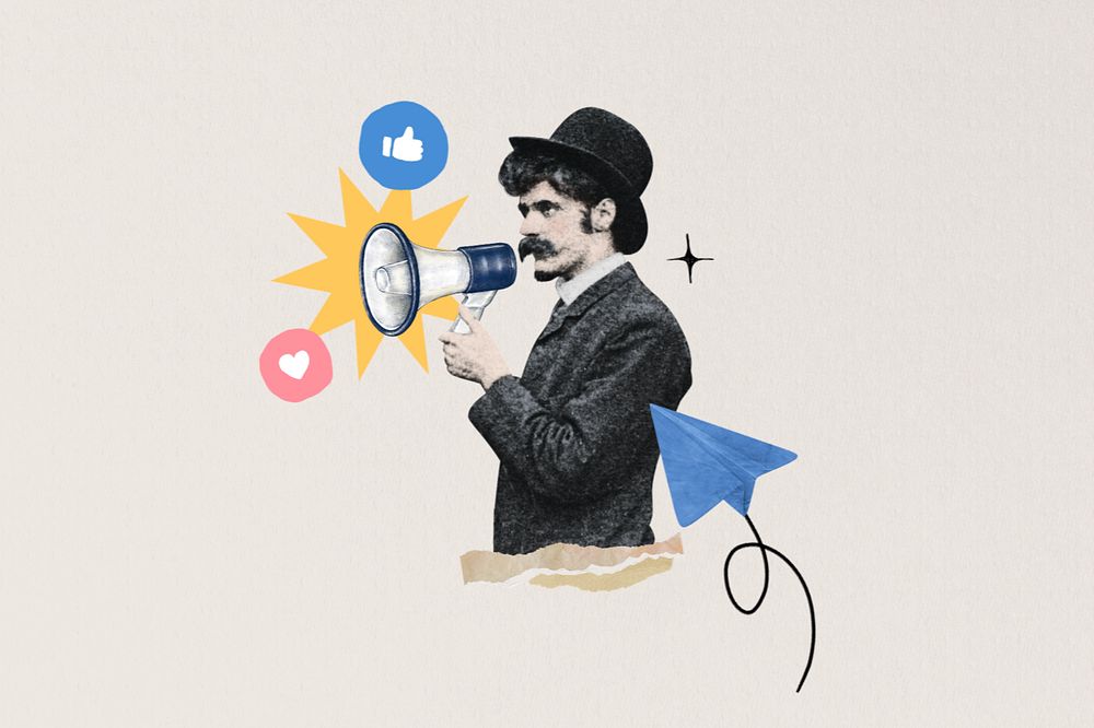 Man holding megaphone, editable social media. Remixed by rawpixel.