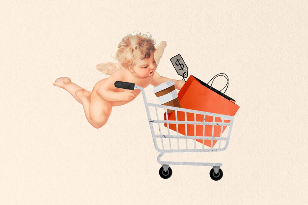 Shopping cupid with trolley editable design. Remixed by rawpixel.