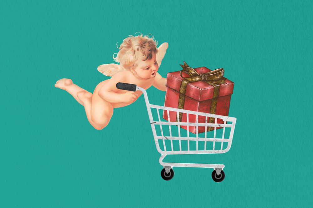 Gift box in shopping cart, cupid editable design. Remixed by rawpixel.