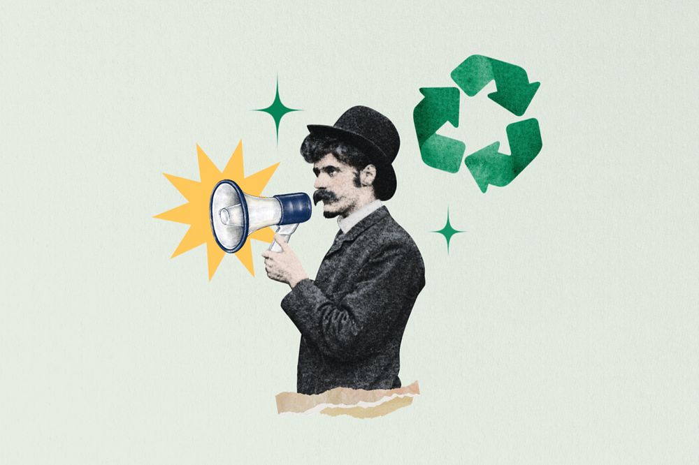 Environmentalist man holding megaphone editable collage art. Remixed by rawpixel.