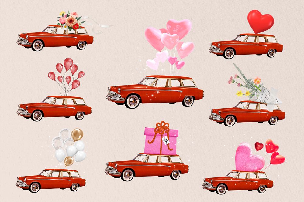 Valentine's celebration car, floating heart balloons editable collage art set