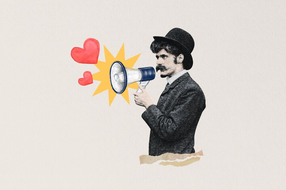 Valentine's celebration, man holding megaphone editable collage. Remixed by rawpixel.