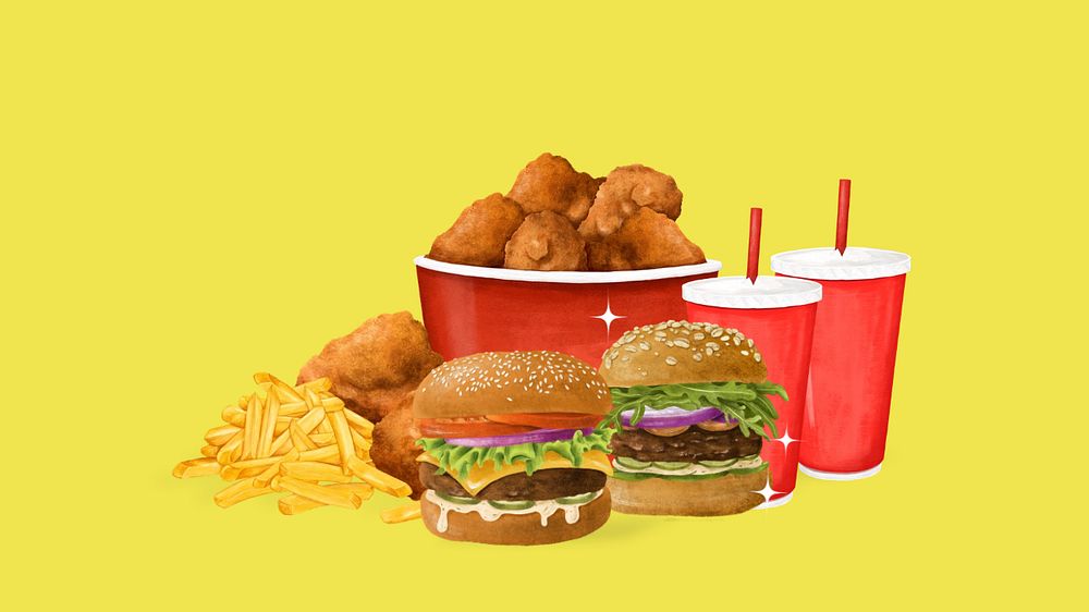 Yummy fast food HD wallpaper, burger, fried chicken & fries, editable design