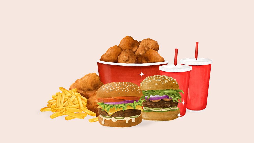 Yummy fast food HD wallpaper, burger, fried chicken & fries, editable design