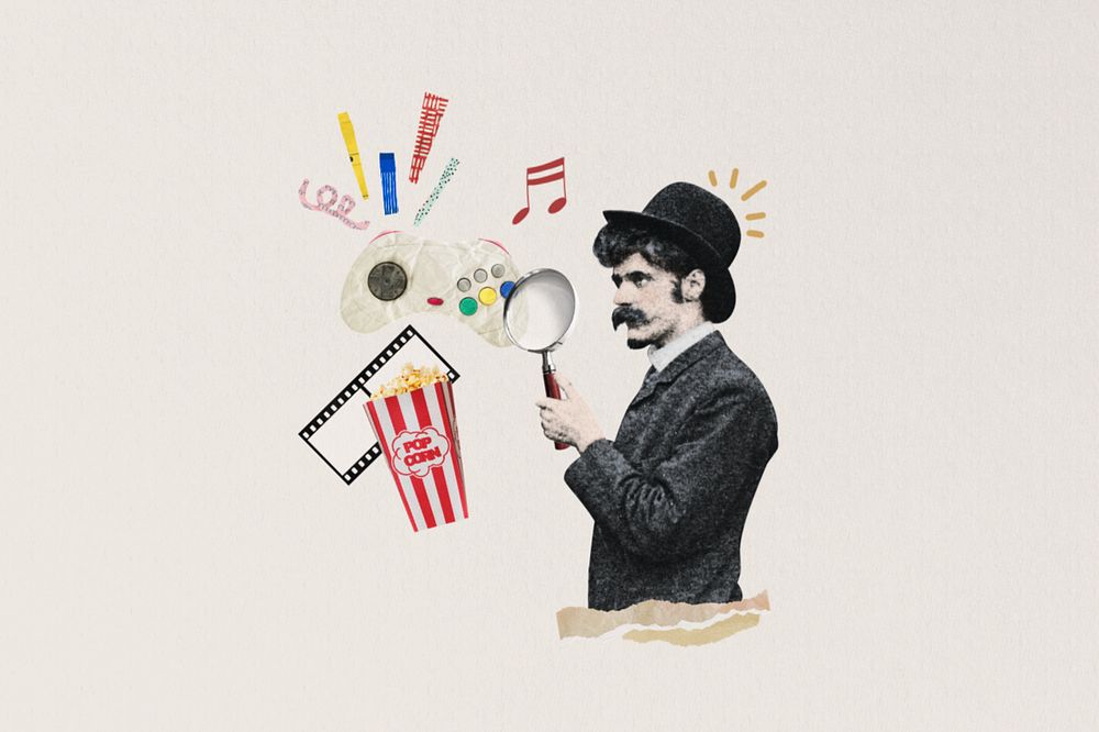 Man holding magnifying glass, entertainment editable collage art. Remixed by rawpixel.