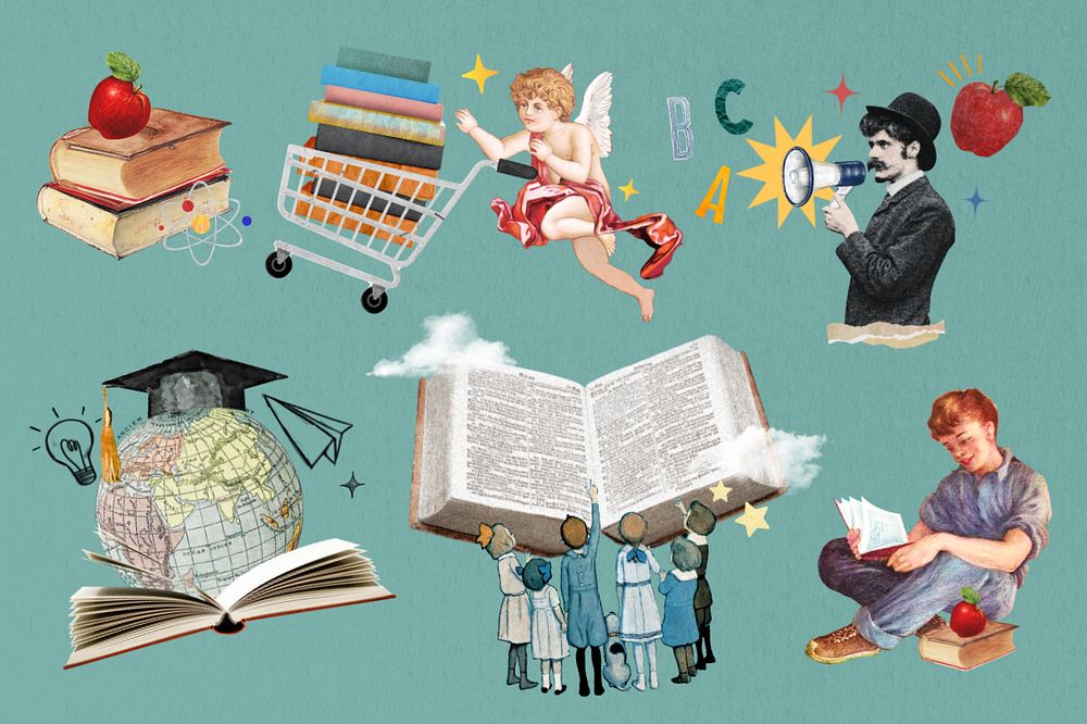 Vintage education editable collage element set