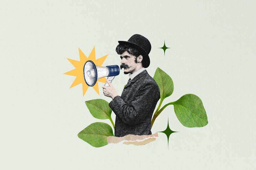 Environmentalist man holding megaphone editable collage art. Remixed by rawpixel.