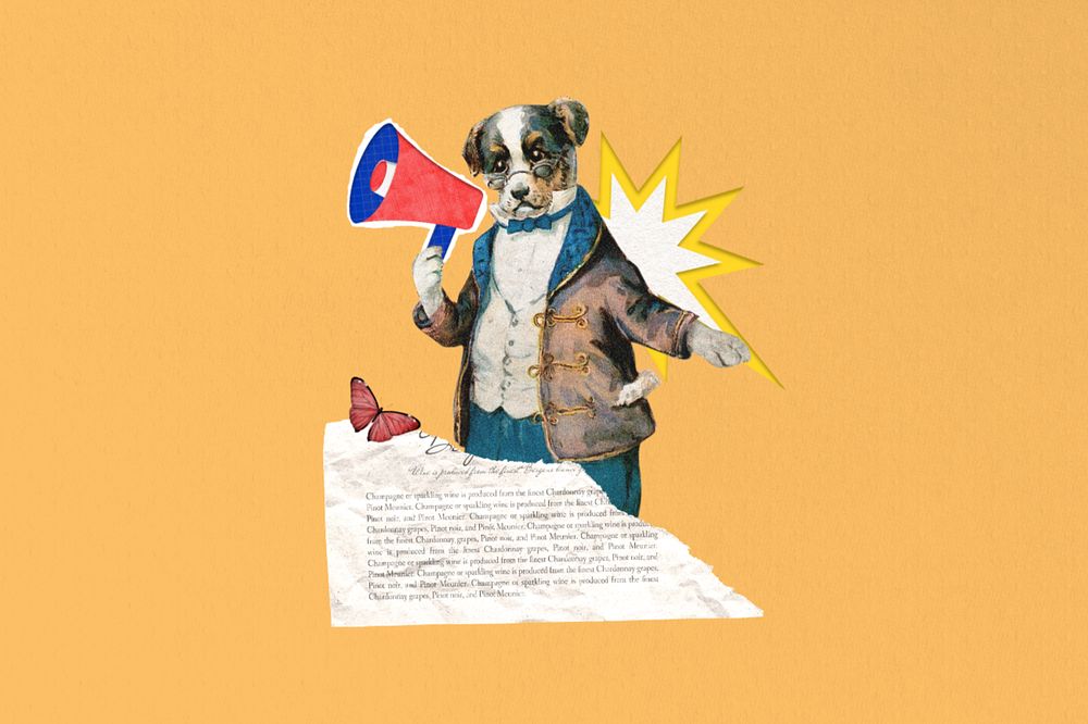 Dog holding megaphone, editable social media collage. Remixed by rawpixel.