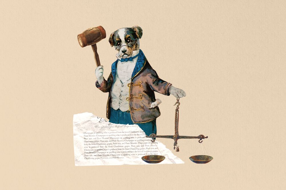 Dog holding gavel, justice scale editable collage. Remixed by rawpixel.