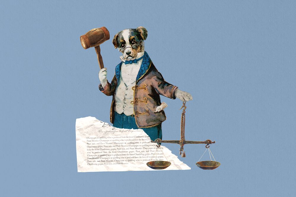 Dog holding gavel, justice scale editable collage. Remixed by rawpixel.